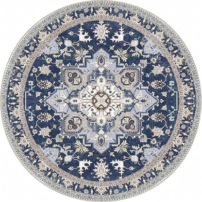 OPPODREAM Thin Round Rug 6ft, Washable Circle Rug 6ft with Non Slip Backing Play Room, Low-Pile Carpet 6 ft, Faux Cashmere Throw Carpet, Navy Blue & Gold