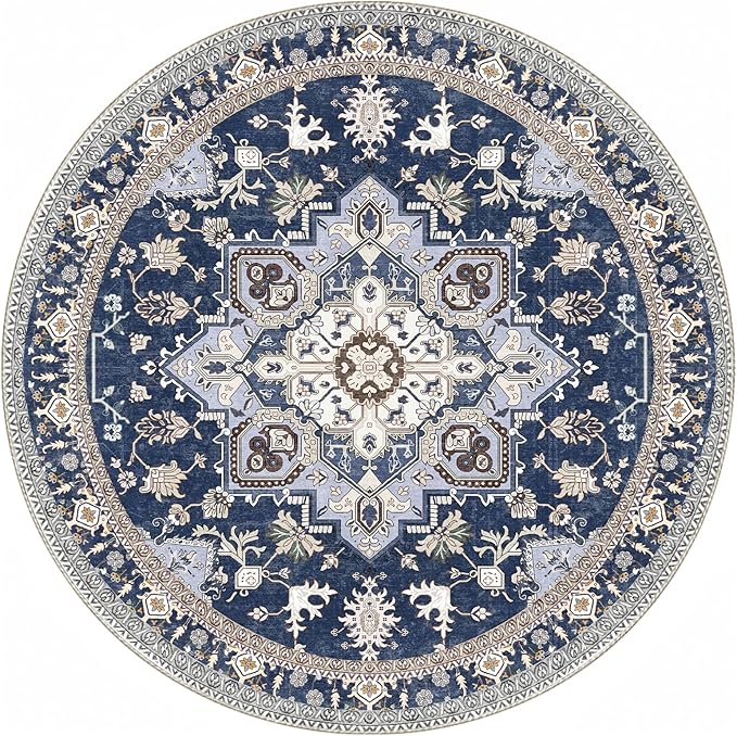 OPPODREAM Thin Round Rug 4ft, Washable Circle Rug 4ft with Non Slip Backing Play Room, Low-Pile Carpet 4 ft, Small Faux Cashmere Throw Carpet, Navy Blue & Gold