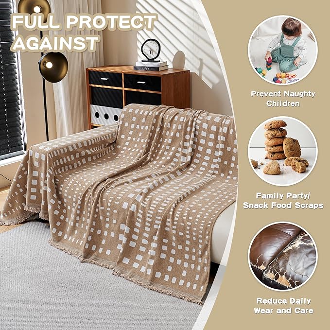 MEETSKY Boho Couch Cover Sofa Covers, Chenille Geometric Khaki Couch Covers for Love Seat Couch Covers for 2 Cushion Couch Sofa Pet Friendly, Washable Sofa Slipcover with Tassels, 71" x 118"