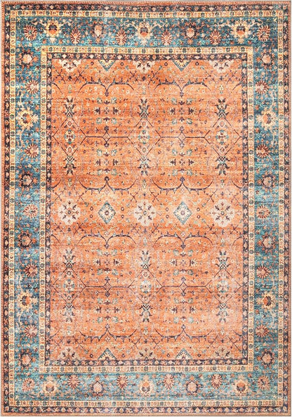 Bloom Rugs Washable Non-Slip 2' x 3' Rug - Orange/Teal Blue Traditional Bordered Area Rug for Living Room, Bedroom, Dining Room, and Kitchen - Exact Size: 2' x 3'