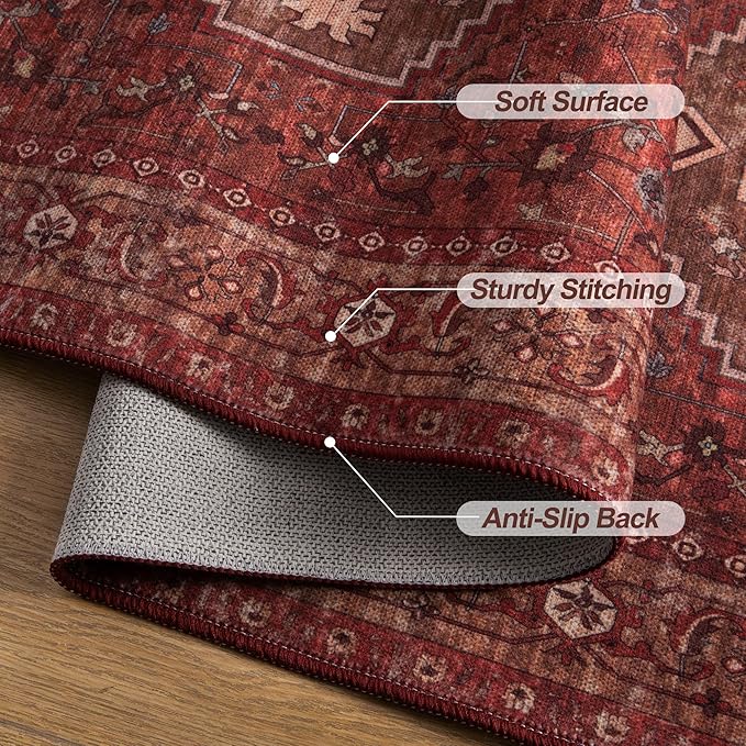 Tangsoo 2x5 Washable Runner Rug for Hallways, Non Slip Vintage Runner Rug, Soft Low Pile Long Rug Runner, Print Distressed Carpet Runners for Kitchen Bedroom Entryway Bathroom Living Room Dark Red