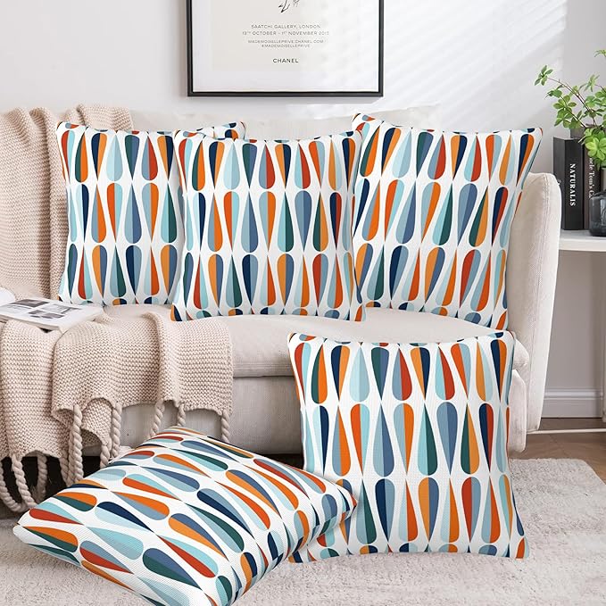 Mid-Century Drop Shapes Throw Pillow Cover Case Modern Retro Style Throw Pillows Set of 2 Super Soft Pillow Covers 18x18 Inches Farmhouse Home Decor for Living Room Bedroom Sofa Couch Cushion Cover