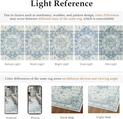 Blue Area Rug 2x3 Washable Vintage Small Carpet for Entryway Kitchen Soft Retro Low Pile Thin Door Mat Non Slip Oriental Medallion Throw Rug for Bathroom Office Bedroom Dining Room