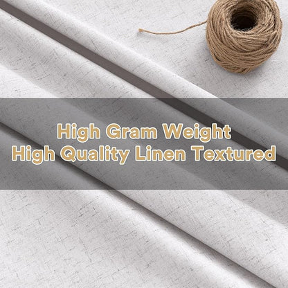 PrinceDeco Natural Linen Curtains 100% Blackout Curtains for Living Room 96 Inch Long,Heat & Light Blocking Curtains for Kids Bedroom Thermal Insulated Window Drapes 2 Panels Set - Heathered White