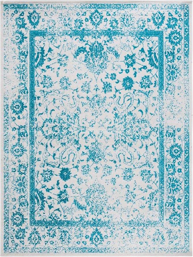 SAFAVIEH Area Rug 8x10 - Adirondack Collection - Large - Ivory & Teal, Distressed Vintage Floral Design, Non-Shedding & Easy to Clean, Ideal for Living Room, Bedroom, Dining Space (ADR109D)