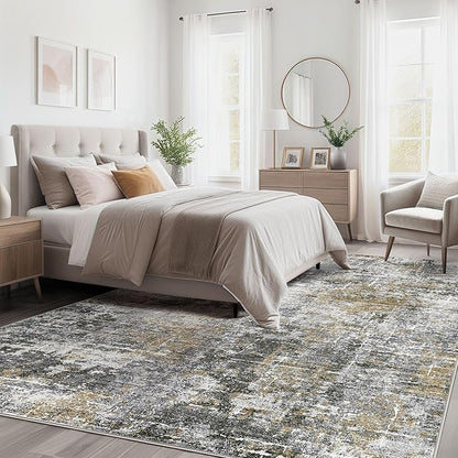 Abstract Living Room Rug 8x10 - Modern Washable Soft Thin Area Rug for Living Room Bedroom Under Dining Table - Neutral Indoor Floor Rug Carpets for Home Office Playroom Nursery - Black Gold