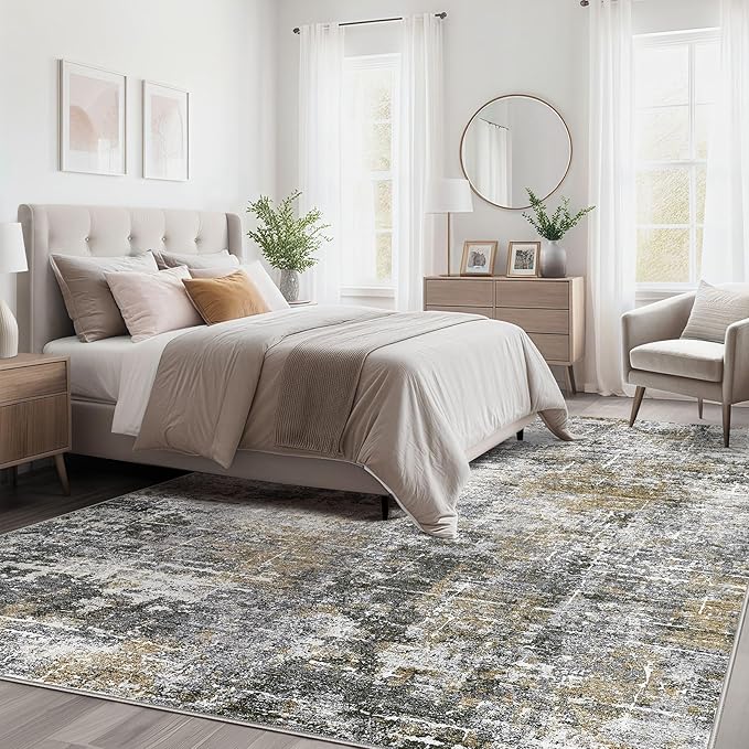 Abstract Living Room Rug 10x12 - Modern Washable Soft Thin Area Rug for Living Room Bedroom Under Dining Table - Neutral Indoor Floor Rug Carpets for Home Office Playroom Nursery - Black Gold