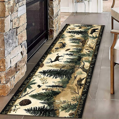 Brown Bohemian Bear Runner Rug 3.3x7ft with Elk Cabin Pinecone - Foldable Vintage Floor Mat for Farmhouse Decor, Thick Non-Skid Rug Indoor Outdoor Use, Forest Lawn Pattern