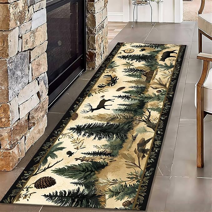 Brown Bohemian Bear Runner Rug 2.6x7ft with Elk Cabin Pinecone - Foldable Vintage Floor Mat for Farmhouse Decor, Thick Non-Skid Rug Indoor Outdoor Use, Forest Lawn Pattern