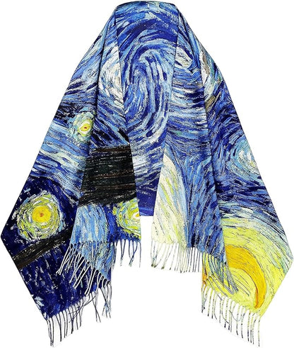 VENVSBEE Reversible Scarf Soft Large Shawl Wrap Blanket Double Sided Art Print Warm Pashmina Stoles Klimt Van Gogh Gifts
