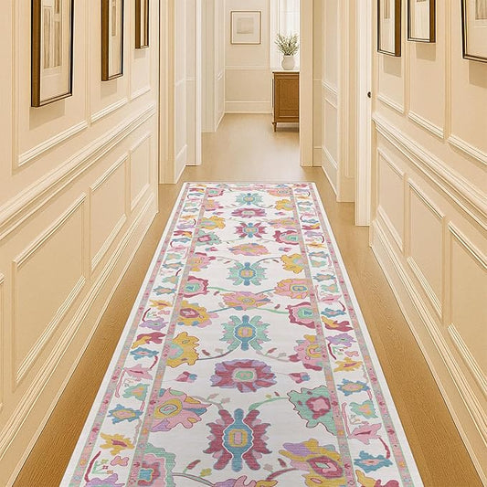 Fame Living Pink Oushak Runner Rug, Modern Runners, Turkish, Eclectic, Floral, Pastel, Washable, Small Throw Rugs, Short Runner for Hallway, Entryway, Laundry, Bedroom, Kitchen, Bathroom, 2'5"x6'5"