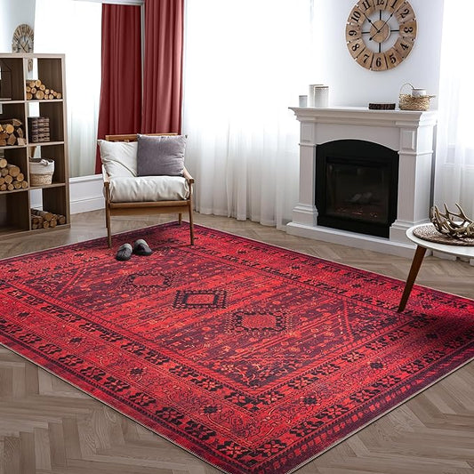 Bloom Rugs Washable Non-Slip 10x14 Rug - Red Traditional Bordered Area Rug for Living Room, Bedroom, Dining Room, and Kitchen - Exact Size: 10' x 14'