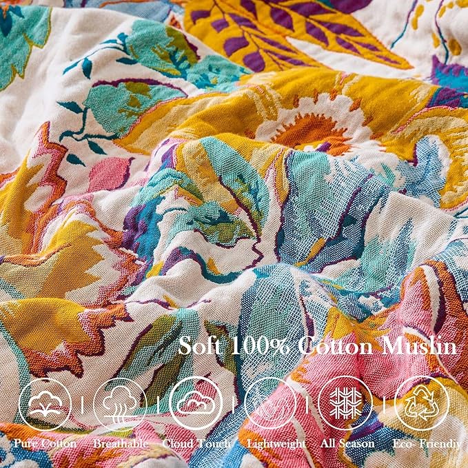 Farmhouse Throw Blanket, 80"x 98" Boho Throw Blankets for Couch Cover, 100% Cotton Bohemian Vintage Quilt for All Seasons Reversible Florals Lightweight Picnic Blankets Home Decoration