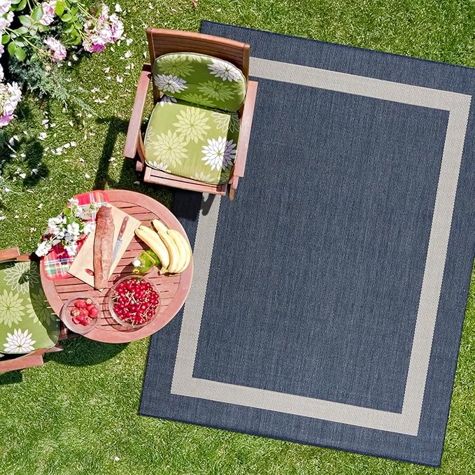 CAMILSON Outdoor Rug 8x10, Modern Outside Rugs for Patios Porches Waterproof Durable Washable Non-Shedding, Easy-to-Clean Indoor Outdoor Area Carpet (8 x 10, Bordered - Blue/White)