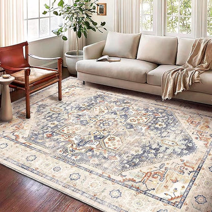 Washable Area Rug 10'x14' Blue Khaki Retro Flowers Boho Design Non-Shedding Easy Care Ideal for High Traffic Areas in Living Room Bedroom Office Coffee Table Kitchen Large Carpet