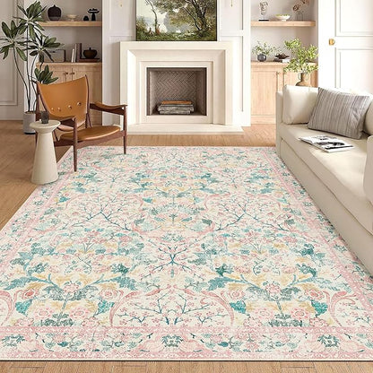 MUJOO Pink Washable Rugs 8x10,Floral Area Rug for Living Room Dining Room Bedroom,Large Throw Carpet,Boho Non Slip Indoor Floor Big Soft Botanical Vintage Ultra-Thin