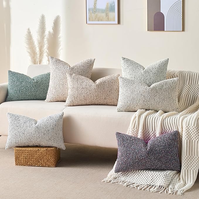 Decorative Couch Throw Pillow Covers 26x26 Purple Striped Soft Wool Pillow Covers Neutral Textured Boho Cushion Covers for Modern Farmhouse Sofa Bedroom Living Room Decor SY011-E26