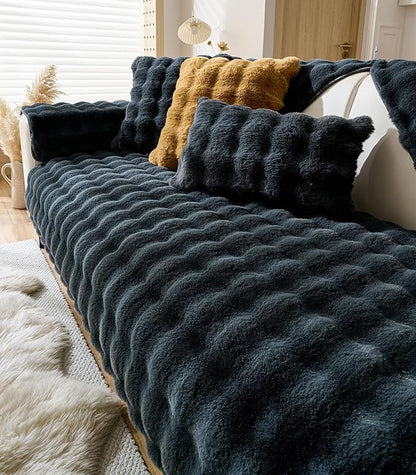Faux Fur Couch Cover Fuzzy Soft Plush Thick Bubble Sofa Cover Luxury Sectional Couch Covers Luxury Anti-Slip Sofa Slipcover Washable Furniture Protector (Dark Grey,36"x63")