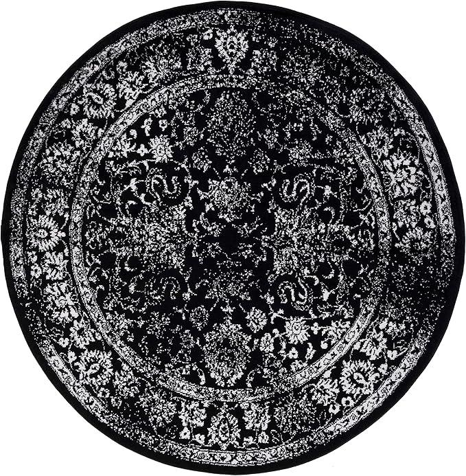 SAFAVIEH Adirondack Collection Area Rug - 6' Round, Black & Ivory, Distressed Vintage Floral Design, Non-Shedding & Easy to Clean, Ideal for Living Room, Bedroom, Dining Space (ADR109Z)