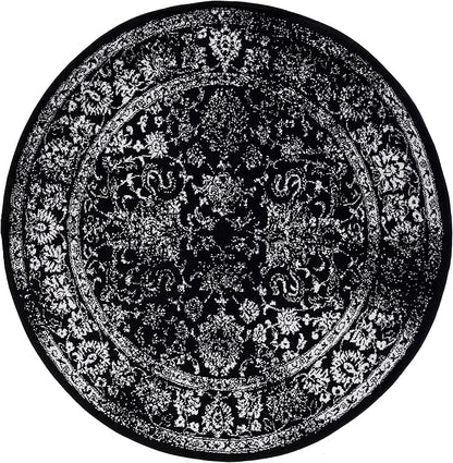 SAFAVIEH Adirondack Collection Area Rug - 6' Round, Black & Ivory, Distressed Vintage Floral Design, Non-Shedding & Easy to Clean, Ideal for Living Room, Bedroom, Dining Space (ADR109Z)