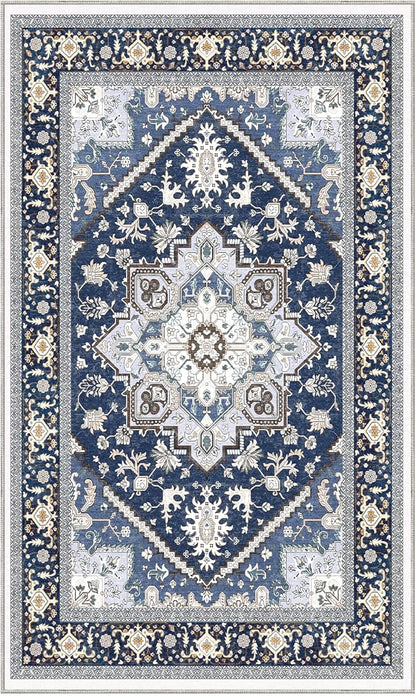 OPPODREAM Thin Area Rugs 3x5, Washable Rugs with Non Slip Backing, Low-Pile Throw 3x5 Carpet, Faux Cashmere 3 x 5 Carpet, Navy Blue & Gold