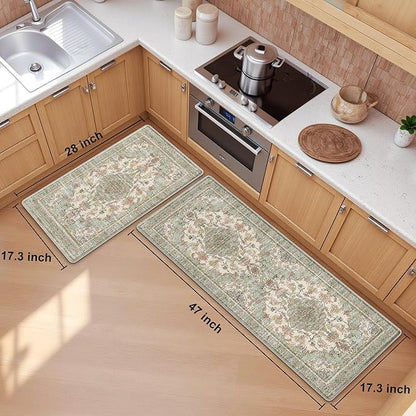 Boho Kitchen Mats for Floor 2 Piece Set Anti Fatigue Cushioned PVC Kitchen Rugs Non Slip Waterproof Farmhouse Mats 2/5 Inch Comfort Standing Mat for Sink, Laundry, 17.3"x47"+17.3"x28", Green Beige