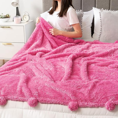 Pavilion Pink Sherpa Throw Blanket, Warm Plush Fuzzy Pom Pom Blanket for Couch, Sofa Throw, Lightweight Soft, Cozy Fluffy Blanket, Hot Pink, 50x60