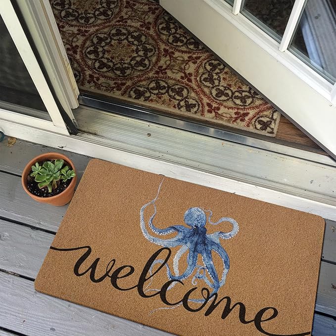 Coastal Octopus Door Mat, Beach Doormat, Coastal Ocean Beach Welcome Front Door Mat Indoor Outdoor Entrance, Ocean Artificial Coir Doormats Rugs for Porch Patio Entryway Home Decor 30x17in