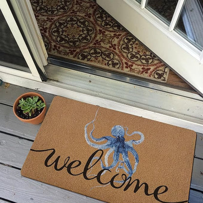 Coastal Octopus Door Mat, Beach Doormat, Coastal Ocean Beach Welcome Front Door Mat Indoor Outdoor Entrance, Ocean Artificial Coir Doormats Rugs for Porch Patio Entryway Home Decor 30x17in