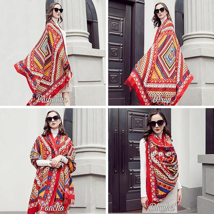 DANA XU 100% Merino Wool Pashmina Shawl for Women 96"x43", Oversized Cashmere Wrap with Tassels, Floral Travel Blanket Cape