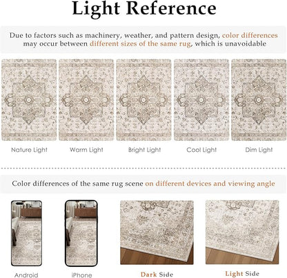 Taupe 6x9 Area Rug Washable Vintage Living Room Carpet Non Slip Retro Distressed Low Pile Soft Oriental Medallion Thin Large Throw Rug for Office Bedroom Dining Room Playroom