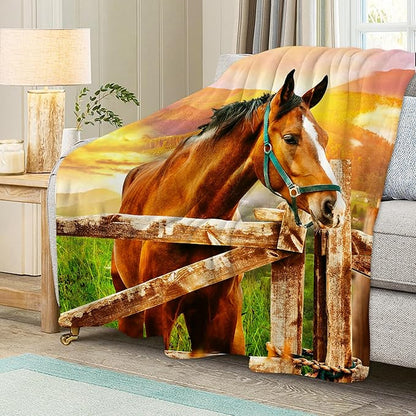 3D Horse Throw Blanket for Couch, Super Soft Fuzzy Throws Warm Comfortable Plush Fleece Blanket, Fashion Decorative Flannel Fleece Blanket for All Season(50 x 60 in, Horse & Pasture)