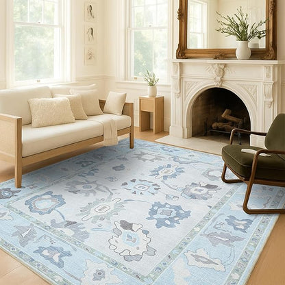 Fame Living Cream Blue Oushak Runner Rug, Modern Runners, Turkish, Eclectic, Floral, Pastel, Washable, Small Rugs, Short Runner for Hallway, Entryway, Laundry, Bedroom, Kitchen, Bathroom, 2'5"x6'5"