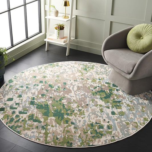 SAFAVIEH Monaco Collection Area Rug - 6'7" Round, Green & Blue, Geometric Design, Slip Resistant, Ideal for High Traffic Areas in Living Room, Bedroom & Dining Room (MNC225Y-7R)