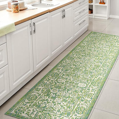JONATHAN Y Weave Floral Indoor Outdoor Runner Rug 2X10 Cream/Green, Tela Bohemian Textured for Backyard, Patio, Porch, Easy-Cleaning, High Traffic, Pet-Friendly, Non-Shedding (SMB100F-210)