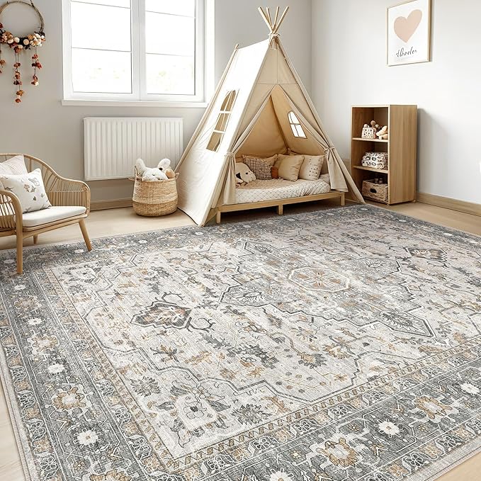 10x14 Area Rugs Living Room: Washable Boho Large Neutral Vintage Soft Rug Stain Resistant Distressed Farmhouse Non-Slip Indoor Floor Carpet for Bedroom Nursery Kids Office Dining Room- Taupe