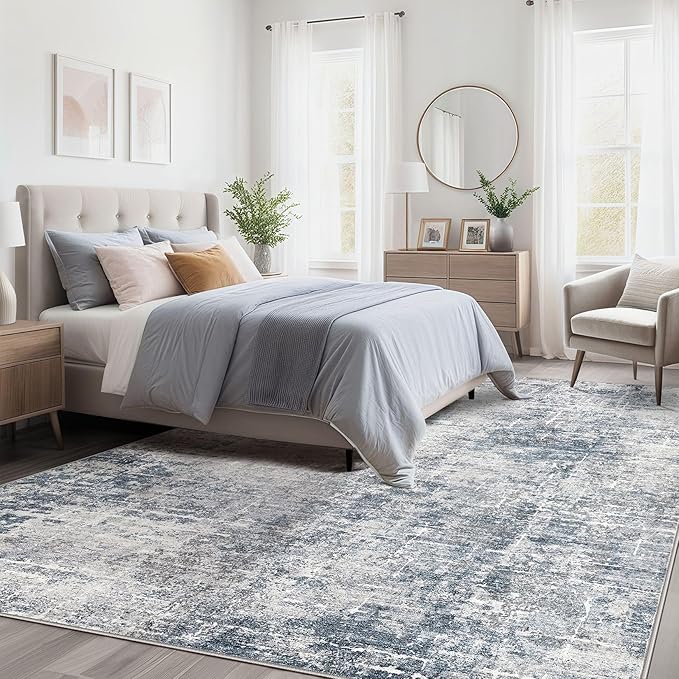 Abstract Living Room Rug 7x9 - Modern Washable Soft Thin Area Rug for Living Room Bedroom Under Dining Table - Neutral Indoor Floor Rug Carpets for Home Office Playroom Nursery - Blue Grey
