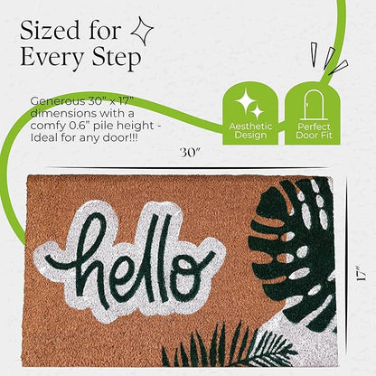 Coir Door Mats 17" X 30", Non-Slip Sturdy, PVC Backed Heavy Duty, Easy to Clean, Ideal for Door Entrance, Patio, Porch, Backyard, Garages, Hello - Green Leaves