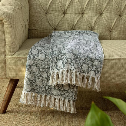 100% Pure Cotton Handblock Printed Throw Blanket, Soft 50" x 60" Fringed Floral Print Throw for Couch, Sofa, Chair, Bed - Cozy, Machine Washable, Comfortable Home Decor