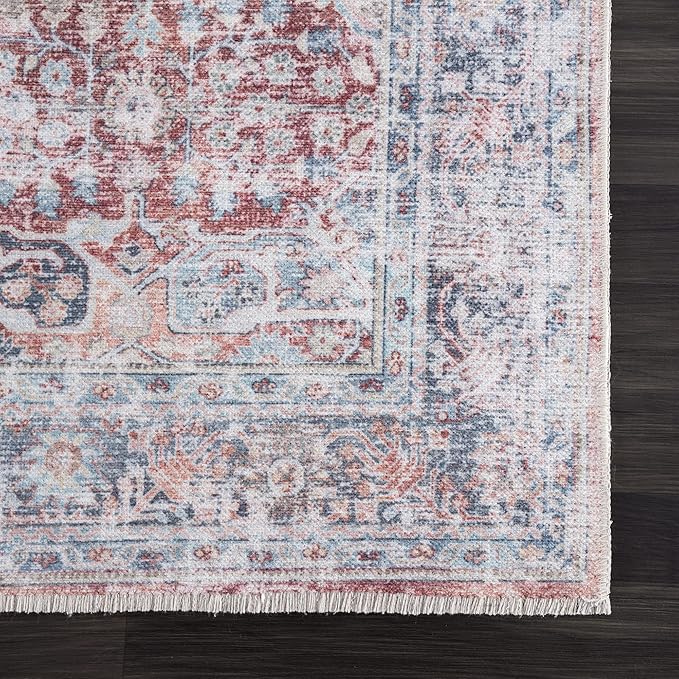 Bloom Rugs Caria Washable Non-Slip 10 ft Runner - Brick/Dark Blue Traditional Runner for Entryway, Hallway, Bathroom, and Kitchen - Exact Size: 2'6" x 10'