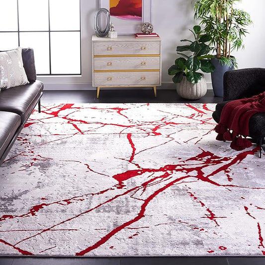 SAFAVIEH Amelia Collection Area Rug - 6'7" Square, Grey & Red, Modern Abstract Design, Non-Shedding & Easy Care, Ideal for High Traffic Areas in Living Room, Bedroom (ALA293L)