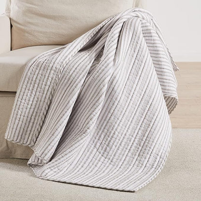 Levtex Home - Tobago Stripe Taupe - Quilted Throw - 50x60in. - White, Taupe - Reversible Pattern - Cotton Fabric