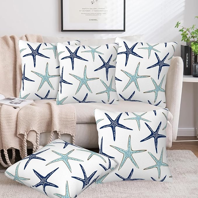 Throw Pillow Covers Nautical Starfish Pillow Covers 18x18 Inch Set of 2 Navy Blue and Turquoise Sea Stars Throw Pillows Decorative Pillow Cases Cushion Covers for Bedroom Livingroom