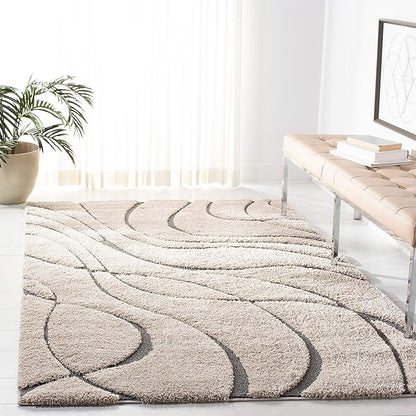 SAFAVIEH Florida Shag Collection Area Rug - 4' Square, Cream & Grey, Non-Shedding & Easy Care, 1.2-inch Thick Ideal for High Traffic Areas in Living Room, Bedroom (SG471-1180)