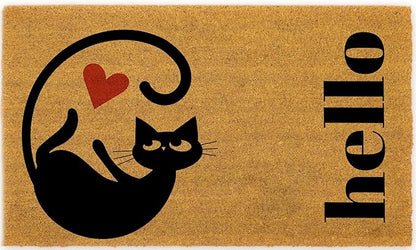 Coir Door Mats 17" X 30", Non-Slip Sturdy, PVC Backed Heavy Duty, Easy to Clean, Ideal for Door Entrance, Patio, Porch, Backyard, Garages, Love of Cats, A Hello