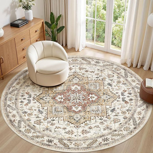 8ft Round Vintage Living Room Area Rug - 8x8 Large Soft Washable Oriental Traditional Distressed Farmhouse Rugs for Bedroom - Indoor Floor Accent Carpet for Home Office House Decor - Golden Taupe