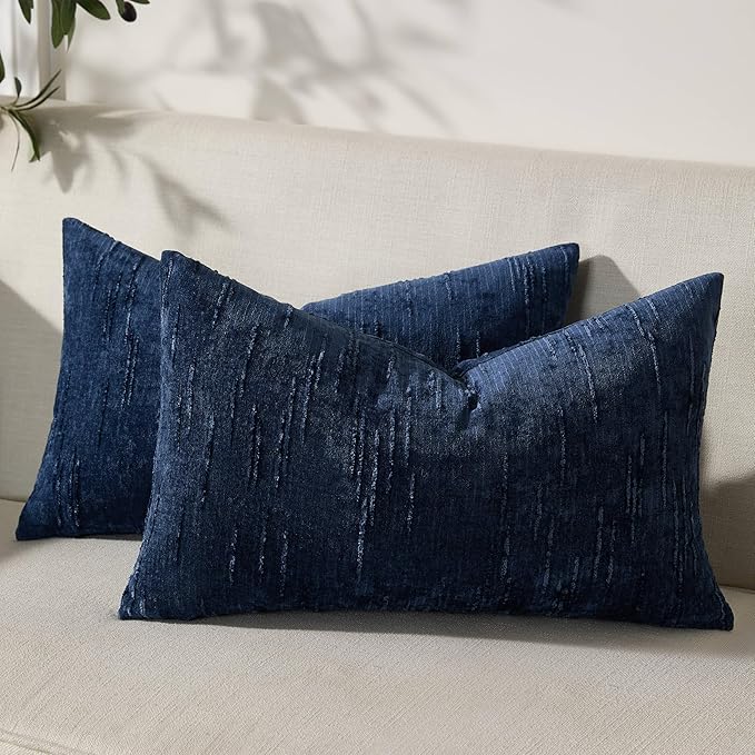 Set of 2 Soft Textured Throw Pillow Covers 12x20, Invisible Zipper Neutral Cushion Cases, Easy - Care Decorative Farmhouse Decor for Living Room Couch (Blue, 12" x 20" (Pack of 2))