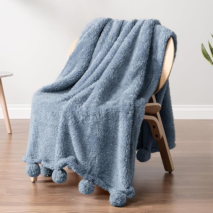 Pavilia Blue Sherpa Throw Blanket for Couch, Warm Plush Fuzzy Blanket Throw with Pom Poms, Dusty Blue, 60x80