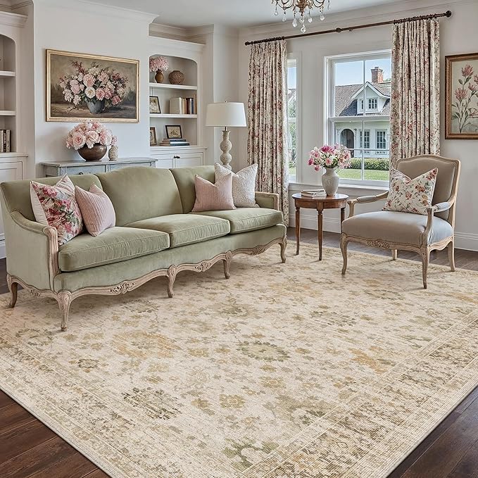 Beige 6x9 Area Rug Non Slip Vintage Living Room Distressed Machine Washable Carpet Retro Indoor Bedroom Traditional Floral Accent Throw Rug for Office Kitchen Dorm Dining Room