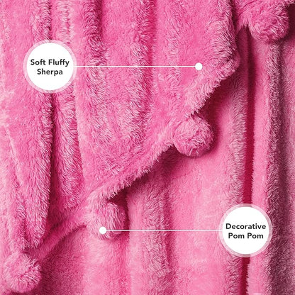 Pavilion Pink Sherpa Throw Blanket, Warm Plush Fuzzy Pom Pom Blanket for Couch, Sofa Throw, Lightweight Soft, Cozy Fluffy Blanket, Hot Pink, 50x60